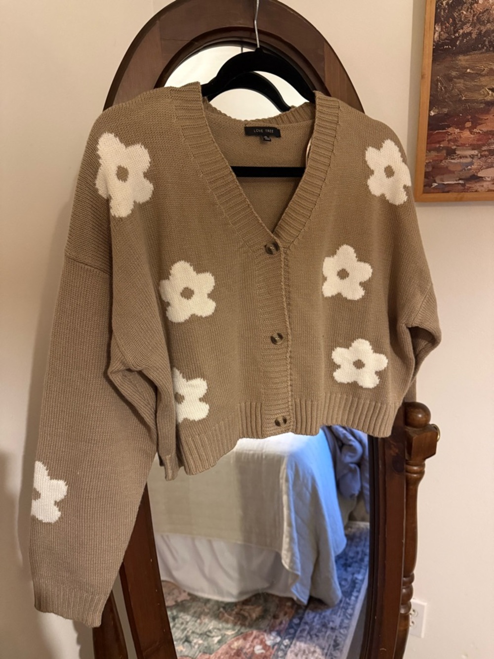 Love Tree Taupe Cardigan with White Daisy Intarsia